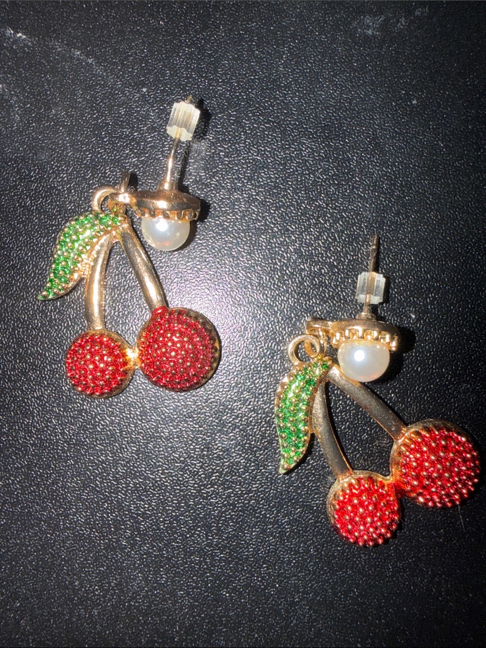 Betsey Johnson Gold-Tone Red Cherry Drop Earrings with Green Leaves